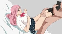 1girls bed big_breasts black_legwear black_socks blush bowtie female knee_socks kneehighs kneesocks kuroko_no_basuke legs long_hair momoi_satsuki mr_trace_mosha panties penis pink_hair school_uniform skirt socks thigh_sex white_shirt