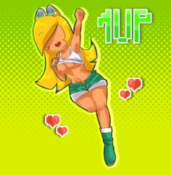 1up crop_top_overhang cute fanart hannahthecatgirl_(artist) happy jumping koopa koopa_girl mario_(series) nintendo one_hand_up pixel_heart super_mario_bros.