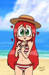 1girls alicia_(writers_crusaders) alicia_strawberry_thomson beach bikini blush breasts curvy curvy_figure cute female freckled_skin freckles green_eyes hand_on_breast hat ocean original_character red_bikini red_hair ribbons solo_female straw_hat striped_bikini striped_clothing wcjuan writers_crusaders