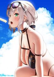 blush cleavage dripping_popsicle green_eyes hololive hololive_fantasy hololive_japan huge_breasts necktie open_mouth popsicle shirogane_noel short_hair silver_hair sunglasses sunglasses_on_head swimsuit virtual_youtuber wet