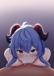 1boy absurdres ahoge bar_censor blue_hair blush censored cum_in_throat deepthroat deepthroat_holder deepthroat_no_hands demon_girl english_commentary eye_contact eyebrows_visible_through_hair fellatio female ganyu_(genshin_impact) genshin_impact goat_horns highres horns irrumatio long_hair looking_at_viewer low_ponytail mihoyo oral penis pointless_censoring pov pov_crotch purple_eyes sssiluva straight tight_throat