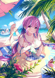 2girls artist_request ass barefoot beach blue_hair blush breasts bush cake cleavage clouds dripping_popsicle feet feet_together feet_up female female_focus female_only floating flower foot_sole half_naked hololive hololive_gen_2 hololive_japan human innertube kagura_gumi kagura_mea large_breasts laying_down laying_on_breasts laying_on_ground laying_on_towel licking_lips looking_at_viewer minato_aqua multicolored_hair plant popsicle purple_eyes purple_hair ribbon sand scenery sea_foam smile smiling sole_female soles strawberry_cake striped_towel sunrays swimsuit swimwear thumbs_up tied_hair toes tongue_out towel tree umbrella virtual_youtuber water waves wet