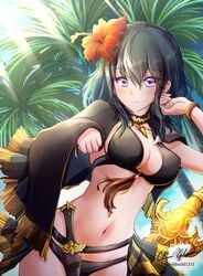 1girls alternate_costume beach bikini black_bikini black_swimsuit blue_eyes blue_hair breasts byleth_(fire_emblem) byleth_(fire_emblem)_(female) byleth_(summer)_(fire_emblem)_(female) cape clear_glass_(mildmild1311) dagger female fire_emblem fire_emblem:_three_houses fire_emblem_heroes flower flower_in_hair hair_flower looking_at_viewer medium_hair necklace nintendo outdoors outside solo swimsuit sword white_skin