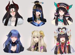 6+girls 6girls black_hair blindfold blonde_hair blue_hair blush blush_stickers brown_hair cleavage clothed dan_fei demon_girl female female_only green_eyes hair_ornament hat headdress headgear highres horns jewelry kei_gai lie_mei_(thunderbolt_fantasy) long_hair mu_tian_ming multiple_girls open_mouth ornaments red_eyes scas scathegrapes simple_background smile take_your_pick tan_hi tenmei_mutsu thunderbolt_fantasy xie_yingluo xing_hai zhao_jun_lin