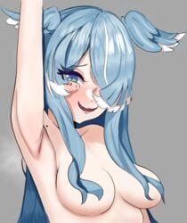 :3 armpit_fetish armpits blue_eyes blue_hair blush blushing elira_pendora hair_over_breasts hair_over_one_eye mole mole_on_armpits nijisanji nijisanji_en sideboob virtual_youtuber