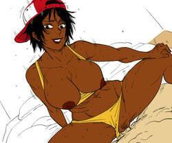 1boy backwards_hat baseball_cap bb_(baalbuddy) bedroom bouncing_breasts breasts brown_skin colored cowgirl_position dark-skinned_female dutch_angle edit female hat indoors large_breasts maximum_strike_edit nipples on_bed panties_aside penis pov pussy sex short_hair solo_focus sports_bra straddling straight sweat thick_thighs third-party_edit tomboy vaginal_penetration