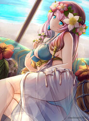 1girls bangs beach bikini blue_eyes breasts clear_glass_(mildmild1311) cleavage coconut day drinking_straw earrings eyebrows_visible_through_hair female fire_emblem fire_emblem_heroes food fruit fruit_cup gunnthra_(fire_emblem) gunnthra_(summer)_(fire_emblem) hand_on_breast head_wreath highres jewelry large_ass large_breasts long_hair looking_at_viewer lying multicolored_hair nintendo on_side pink_hair sarong solo solo_female swimsuit twitter_username