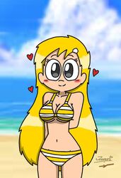 beach bikini breasts breasts curvy curvy_body curvy_figure cute hairclip hands_behind_back heart juanila_(writers_crusaders) long_hair ocean original_character rule_63 rule_63 smile smiling solo_female striped_bikini thighs wcjuan writers_crusaders yellow_bikini yellow_hair