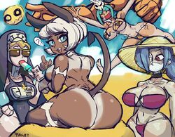 4girls ass beach big_ass bikini breasts catgirl cerebella dark_skin double_(skullgirls) female large_breasts multiple_girls nadia_fortune nude popsicle skullgirls swimsuit tagxo_(artist) tail valentine_(skullgirls) vice-versa