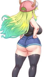 1girls ass back_view cap curvy dat_ass dragon_girl female from_behind horns huge_ass huge_breasts leotard long_hair lucoa miss_kobayashi's_dragon_maid multicolored_hair quetzalcoatl_(dragon_maid) short_shorts shorts solo standing thick_thighs triagorodri_(artist)