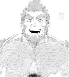 bara beard big_penis boner cum cum_on_face erection facial facial_hair gay giantspacetiger hairy male male_only monochrome monster_prom pecjob pubic_hair scott_howl tora_gy werewolf yaoi