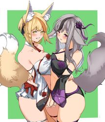 2girls alternate_costume bare_midriff bare_shoulders bare_thighs blonde_hair cleavage female_only fire_emblem fire_emblem_fates fox_ears fox_girl fox_tail grey_eyes grin hand_holding hug kitsune long_hair looking_at_viewer medium_breasts medium_hair monster_girl multicolored_hair multiple_girls nintendo nyahpa20 pink_eyes selkie selkie_(fire_emblem) smile velouria velouria_(fire_emblem) wolf_girl yellow_eyes