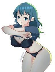 1340smile 1girls big_breasts black_panties blue_eyes blue_hair bra breasts byleth_(fire_emblem) byleth_(fire_emblem)_(female) cleavage female female_only fire_emblem fire_emblem:_three_houses large_breasts light-skinned_female light_skin lingerie lipstick medium_hair nintendo panties pinup pulling_up_shirt solo solo_female underwear undressing white_background wide_hips