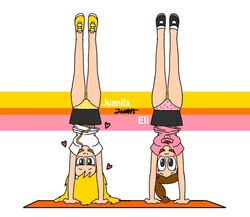 2girls blush eli_(writers_crusaders) embarrassed exposed_panties gymnastics handstand heart juanila_(writers_crusaders) multiple_girls original_characters pink_panties rule_63 shy smug smug_smile upside-down wcjuan writers_crusaders yellow_panties yoga_mat