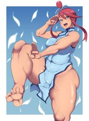 1girls alternate_breast_size barefoot big_breasts blue_eyes breasts chinese_clothes eye_contact feet female huge_breasts huge_thighs long_hair looking_at_viewer muscular_female nintendo oryuto pokemon pokemon_bw red_hair skyla_(pokemon) venus_body voluptuous wide_hips