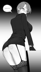 ... 1girls ass black_and_white blush c-77_hongryeon chela77 earrings female garter_belt garter_straps last_origin looking_at_viewer microskirt mole_under_eye monochrome sweat thighhighs thighs