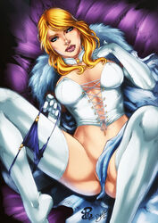 blonde_hair blue_eyes cedric_humbert convenient_censoring emma_frost female female_focus female_only lingerie looking_at_viewer marvel marvel_comics removing_panties renato_camilo spreading thighhighs visible_pussy white_queen x-men