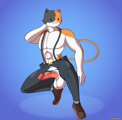 anthro balls big_balls big_penis black_body black_fur bottomwear clothing domestic_cat epic_games felid feline felis footwear fortnite fortnite:_battle_royale fur genitals hi_res male male_only mammal meowscles_(fortnite) muscular muscular_anthro muscular_male orange_body orange_fur pants penis shoes solo tagme torn_clothing unicuck video_games white_body white_fur