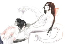 2animals 2boys bite_mark black_hair blood blowjob catontheside closed_eyes clothed_male_nude_male clothing crying cum cum_in_mouth fangs fellatio gay injury kneeling long_hair looking_at_partner looking_down male male/male male_only naked naruto naruto_(series) naruto_shippuden oral orochimaru partially_clothed pecs penis rough_sex sasuke_uchiha shirtless sitting smile snake teacher_and_student topless yaoi yellow_eyes