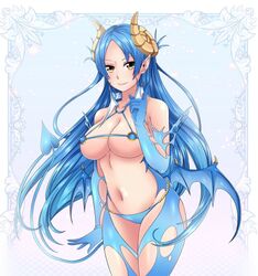 blue_hair gold_eyes horns large_breasts long_gloves long_hair looking_at_viewer micro_bikini noboru_revista original original_character pointy_ears