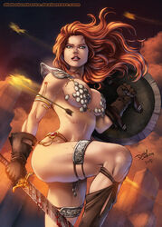 1girls ass barely_clothed bikini_armor cedric_humbert cleavage david_lima female female_only large_ass loincloth red_hair red_sonja red_sonja_(comics) shield sword unconvincing_armor