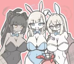 4girls :d akane_(blue_archive) akane_(bunny)_(blue_archive) animal_ears animated asuna_(blue_archive) asuna_(bunny)_(blue_archive) asymmetrical_bangs bare_shoulders black-framed_eyewear black_hair black_halo black_leotard black_pantyhose blue_archive blue_bow blue_bowtie blue_eyes blue_halo blue_leotard bouncing_breasts bow bowtie breasts brown_eyes brown_hair brown_shawl cleavage closed_mouth collarbone commentary_request covered_navel dark-skinned_female dark_skin detached_collar fake_animal_ears fishnet_pantyhose fishnets glasses grin hair_between_eyes hair_over_one_eye hair_spread_out halo hand_on_own_chest hanging_breasts high_ponytail highleg highleg_leotard karin_(blue_archive) karin_(bunny)_(blue_archive) large_breasts leotard long_hair long_sleeves looking_down looping_animation mole mole_under_eye multiple_girls neru_(blue_archive) newton's_cradle off_shoulder official_alternate_costume open_mouth pantyhose pendulum pink_background plaid_clothes plaid_shawl playboy_bunny ponytail rabbit_ears shawl side-by-side sidelocks simple_background sitting smile standing strapless strapless_leotard tagme traditional_bowtie very_long_hair video white_leotard white_pantyhose yellow_eyes yoir