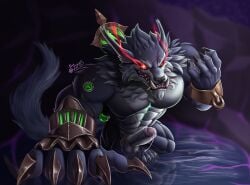 accessory anthro balls blue_body blue_fur blue_tail canid canine canis chest_tuft claws cock_ring duckaphion fur genitals gold_(metal) hi_res jewelry league_of_legends looking_at_viewer male mammal muscular muscular_male nude pecs penis penis_accessory penis_jewelry red_sclera riot_games smile smirk solo tail tencent tuft warwick_(lol) white_body white_fur wolf