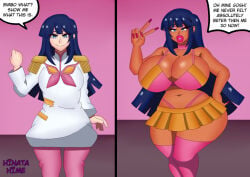 bare_thighs big_breasts bimbo bimbofication breasts cleavage dancing dark-skinned_female dark_skin hinata-hime large_breasts lipstick looking_at_viewer smile text thick_thighs thighhighs