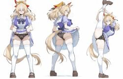 ai_generated ass black_panties blonde_hair blue_hair bowtie brown_footwear durandal_(umamusume) from_behind hand_on_own_leg horse_ears horse_tail huge_breasts lace_panties lifting_own_skirt looking_at_viewer multiple_views ponytail pubic_hair pubic_hair_peek purple_bowtie purple_shirt single_ear_cover standing_split tracen_school_uniform umamusume white_hair white_shirt white_thighhighs