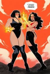 2girls ai_generated bikini black_footwear black_hair black_leotard black_lips black_one-piece_swimsuit blush bob_cut boots bra breasts cleavage clenched_hands clothing cloud curly_hair embarrassed english_text female fighting_stance fire footwear full_body highleg highleg_bikini highleg_leotard highleg_swimsuit large_breasts leotard lipstick long_hair makeup medium_breasts multiple_girls open_mouth orange_sky panties pyrokinesis red_bikini red_bra red_eyes short_hair shorts skirt sky speech_bubble standing standing_on_one_leg superhero sweat swimsuit teeth thigh_boots thighhighs underwear wavy_hair yellow_eyes