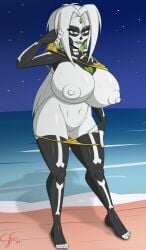 beach big_breasts bikini_pull breasts breasts_bigger_than_head breasts_out cjanitorc female female_focus female_only gift_art golden_bikini green_eyes nude nude_female original_character pandora_(sexualyeti) skeleton_(marking) skeleton_bodypaint white_hair white_skin