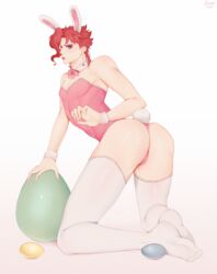 1boy 2021 ass ass_focus bow bowtie bunny_boy bunny_costume bunny_ears bunny_tail bunnysuit covered_nipples crossdressing earrings easter easter_bunny easter_egg eyebrows eyelashes gomi-cake jojo's_bizarre_adventure kneeling legwear leotard looking_at_viewer male male_focus male_only no_shoes noriaki_kakyoin on_knees pink_leotard playboy_bunny purple_eyes short_hair stardust_crusaders turning white_legwear wrist_cuffs