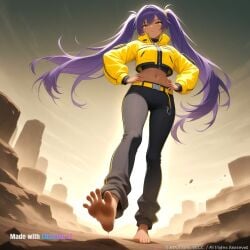 1girl ai_assisted ai_generated barefeet belt big_feet black_pants dark_skin dirty_feet from_below full_body hands_on_hips jewelry long_hair long_sleeves long_toes looking_at_viewer navel official_art presenting_foot purple_hair sole_focus standing standing_on_one_leg stinky_feet sweaty_feet twintails yellow_eyes yellow_jacket