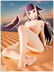 1girl 3d 3d_art 3d_render animal_ears areola barefoot beach black_hair blue_sky blue_toenails bottom_view breasts choker cloud collar explicit feet female highres large_breasts low_angle monster_girl navel nipples nude nudity ocean orca_ears orca_girl orca_tail outdoors painted_toenails purple_eyes purple_hair sand sea shylily sitting sky sole solo tail toes twitch visiuun vtuber water_reflection whale_tail white_hair