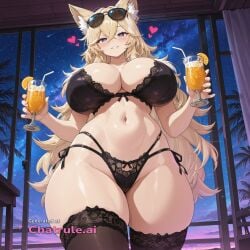 1girl ai_assisted ai_generated animal_ears beach bedroom bikini black_heels black_lingerie black_thighhighs blonde_hair blush chaos_zero_nightmare curvaceous_body curvaceous_hips curvaceous_thighs curvy cute_pose detailed_face floating_hearts fox_girl from_below half_closed_eyes heart_shaped_pupils heart_symbol high_quality holding_drink hourglass_body huge_breasts huge_hips huge_thighs lace_panties lace_thighhighs large_breasts large_thighs long_hair looking_at_viewer massive_thighs mole mole_under_eye night parted_lips perfect_body pov purple_eyes seductive_eyes shiny_skin smile standing sunglasses_on_head thick_hips thick_legs thick_thighs thighs thighs_bigger_than_head voluptuous white_hair wide_hips window