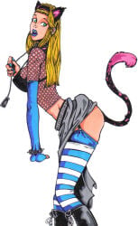 1girls 2004 ass big_ass big_breasts blonde_hair blue_lipstick breasts cat_ears cat_tail catgirl collar female jamesriot leash petplay solo stockings tail