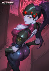 1girls ai_generated artoonizer ass ass_focus big_ass big_breasts blizzard_entertainment blue_skin blush bodysuit breasts colored_skin earrings elbow_gloves female female_focus female_only gauntlets hands_on_hips handwear headgear headwear helmet jewelry latex_clothing legs_together long_hair looking_at_viewer looking_back narrow_waist neon neon_lights outdoors overwatch overwatch_2 parted_lips patreon patreon_username plunging_neckline ponytail posing purple_body purple_hair purple_lipstick purple_skin smile solo solo_female solo_focus standing stud_earrings tight_clothing viewed_from_above widowmaker widowmaker_(overwatch_2_suit) yellow_eyes