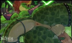 alligator alligatorid anthro anus backsack balls big_butt bodily_fluids butt clothing crocodilian english_text erection eyewear fingerless_gloves five_nights_at_freddy's five_nights_at_freddy's:_security_breach genitals gloves green_body green_scales hair handwear hi_res humanoid_genitalia humanoid_penis looking_at_viewer looking_back looking_back_at_viewer male mohawk montgomery_gator nick7005 penis presenting presenting_hindquarters red_hair reptile scales scalie scottgames shoulder_pads solo star_sunglasses steel_wool_studios sunglasses sweat sweaty_balls sweaty_butt sweaty_genitalia tail tail_anus text thick_tail