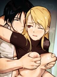 1boy 1boy1girl 1girls arm_up black_hair blush breast_grab breast_squeeze breasts clothed_sex clothing from_behind fullmetal_alchemist grabbing grabbing_from_behind highres implied_sex long_hair looking_at_another medium_breasts nipples one_eye_closed pale-skinned_female pale-skinned_male pale_skin riza_hawkeye roropull roy_mustang sex shirt_up short_hair straight sweat