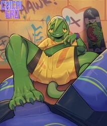 backwards_baseball_cap backwards_hat balls baseball_cap big_penis bodily_fluids bottomwear bulge chameleon clothed clothing clothing_lift cynical_furo detailed_bulge epic_games erection feet first_person_view foot_fetish foot_on_penis foot_play footjob fortnite genital_fluids genital_outline genitals graffiti green_body green_hair green_scales hair half-closed_eyes hat headgear headwear hi_res lizard looking_at_viewer lying male male_pov narrowed_eyes on_back penis penis_outline penis_poking_out penis_through_leghole precum reptile scales scalie sex shirt shirt_lift shorts skateboard skater solo_focus tail topwear vehicle ziggy_(fortnite)