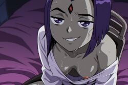 1girl ai ai_art ai_generated anime_coloring breasts collarbone colored_skin covered_nipples downblouse forehead_jewel from_above grey_skin grin indoors looking_at_viewer medium_breasts nipple_slip nipples no_bra off_shoulder on_bed one_breast_out purple_eyes purple_hair raven_(dc) shirt short_hair sitting small_breasts smile solo sweat teen_titans teeth white_shirt