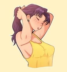 1girls breasts earrings eyes_closed female female_focus female_only long_hair misato_katsuragi neon_genesis_evangelion nipple_bulge ponytail purple_hair tagme tank_top yellow_shirt