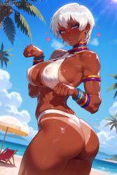1girl ai_generated arzagod ass_focus big_breasts bikini blue_eyes blush capcom dark-skinned_female dark_skin elena_(street_fighter) grey_hair jewelry large_breasts muscular_female nipples_visible_through_clothing perfect_legs short_hair street_fighter sweat tagme thick_thighs toned toned_female white_hair
