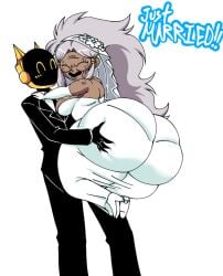 1boy 1girls ass_focus ass_grab bbw big_ass carrying_partner elderly_female enya_geil fat_ass from_behind gilf granny gray_hair huge_ass jojo's_bizarre_adventure long_hair married_couple oc shortstack smib stardust_crusaders text thick_thighs wedding_dress