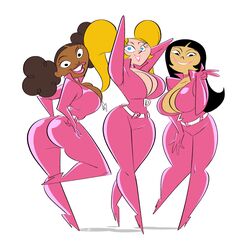 3girls ass back_turned black_hair blonde_hair bodysuit breasts brown_hair cartoon_network dark-skinned_female dark_skin dee_dee_(dexter's_laboratory) dexter's_laboratory edit female female_only hands_behind_head huge_breasts human human_only lee_lee light-skinned_female light_skin mee_mee multiple_girls nipples pink_bodysuit pink_lipstick pussy sideboob slb turquoise_lipstick twintails v white_background