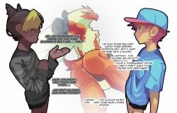 anthro anus avian balls_outline beak big_butt blaziken blue_eyes bubble_butt bulge butt butt_pose clothed clothed_human clothing detailed_bulge dialogue english_text feathers femboy fully_clothed fully_clothed_human generation_3_pokemon genital_outline group hi_res human jockstrap jockstrap_only male male_human mammal muscular muscular_anthro muscular_femboy muscular_male nintendo pokemon pokemon_(species) pokemon_trainer pose poskapaints red_body red_feathers tail text topless trio underwear underwear_only