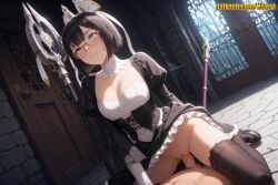1boy 1girl ai_generated black_dress black_footwear black_hair black_thighhighs blush breasts censored church cleavage closed_mouth clothed_female_nude_male clothes_lift cowgirl_position dress dress_lift dutch_angle frills girl_on_top glasses hetero indoors juliet_sleeves large_breasts lee_bora long_sleeves maid medium_breasts nivora no_panties nude penis polearm puffy_sleeves pussy rolling_eyes round_eyewear sex shoes short_hair smile solo_focus solo_leveling straddling sweat thighhighs uncensored vaginal weapon
