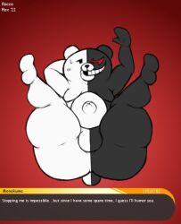 2022 anthro ass bear black_body black_eyes danganronpa dialogue dialogue_box english_text heterochromia male mammal monokuma multicolored_body navel null_bulge outie_navel overweight overweight_anthro overweight_male presenting presenting_hindquarters red_background red_eyes roccorox simple_background smooth_skin solo text two_tone_body ursid white_body