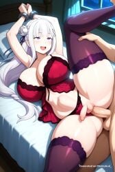 1girl ai_assisted ai_generated anime_screencap arm_around_leg arms_up babydoll_lingerie blush braid chubby crown_braid curvaceous_body curvaceous_hips curvaceous_thighs curvy detailed_face fisheye floating_hearts flower fucked_silly futa_is_smaller futa_penetrated green_pupils hair_flower hair_ornament hair_ribbon handcuffed hands_tied heart_shaped_pupils heart_symbol high_quality huge_ass huge_breasts huge_hips huge_thighs hugging_leg indoors lace_thighhighs large_breasts large_thighs laying_on_bed leg_up long_hair lowleg_panties massive_thighs mature_female night open_mouth panties_aside pleasure_face pointy_ears precum purple_eyes purple_lingerie purple_thighhighs raised_leg red_lingerie rolling_eyes seductive_eyes separated_legs shiny_skin side_view small_balls small_penis_futa smile spread_legs stomach_bulge thick_hips thick_legs thick_thighs thick_thigs thighs white_hair x_hair_ornament