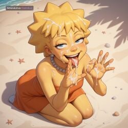 1girl ai_assisted ai_generated awaiting_cum beach cum_in_hair cum_on_face cum_on_hands fellatio_gesture full_body kneeling lisa lisa_simpson naked necklace open_mouth oral_invitation smug_grin the_simpsons tongue_out view_from_above yellow_skin